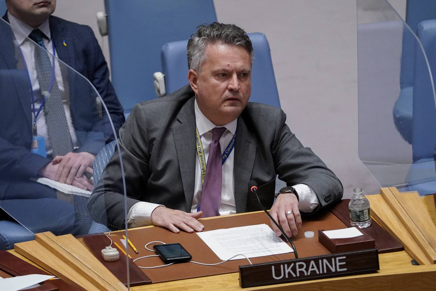 Sergiy Kyslytsya, Ukrainas FN-ambassadør. Her fra et møte i FNs sikkerhetsråd i april.