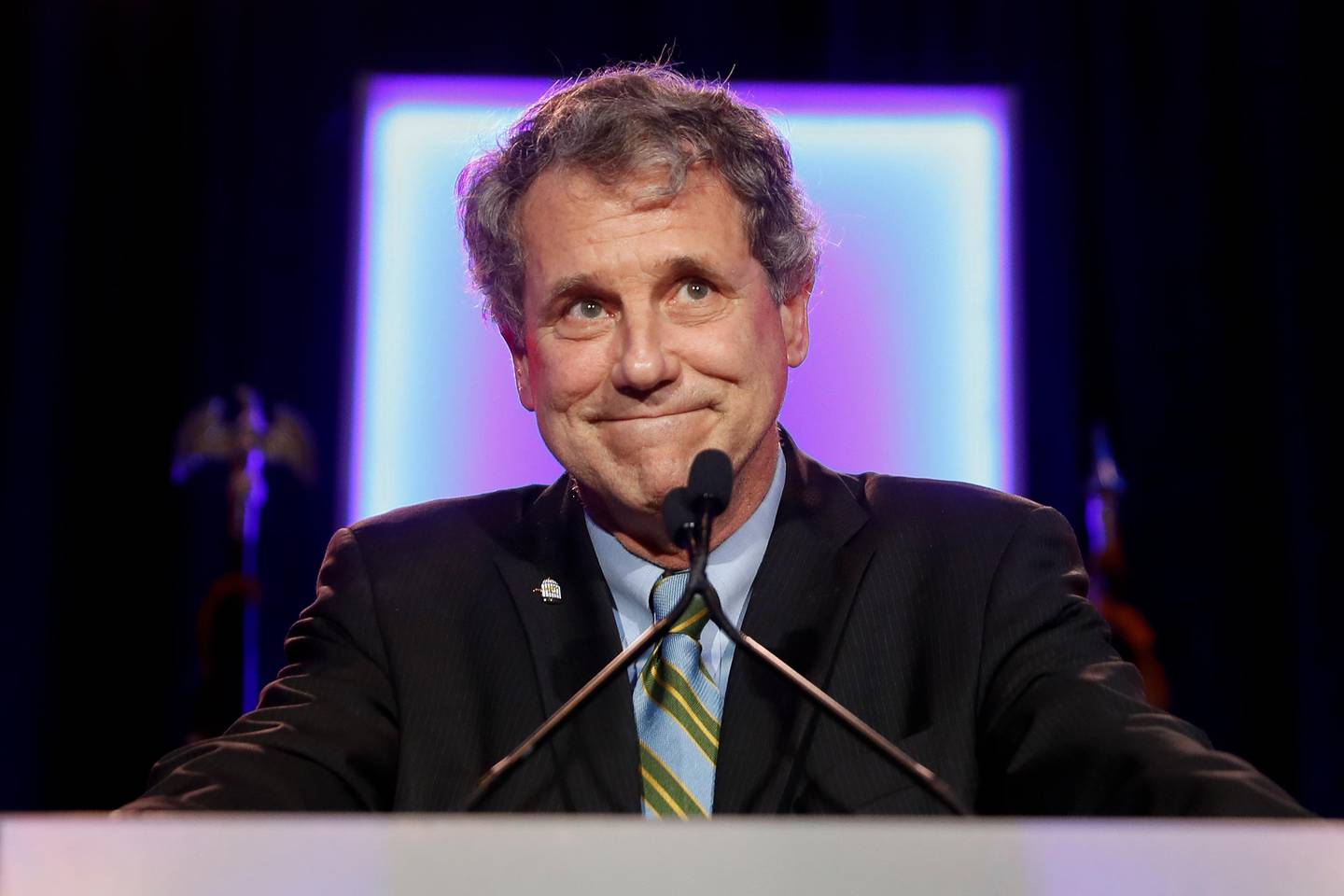 Sen. Sherrod Brown, D-Ohio, reacts as he speaks to the audience during the Ohio Democratic Party election night watch party, Tuesday, Nov. 6, 2018, in Columbus, Ohio. (AP Photo/John Minchillo)
