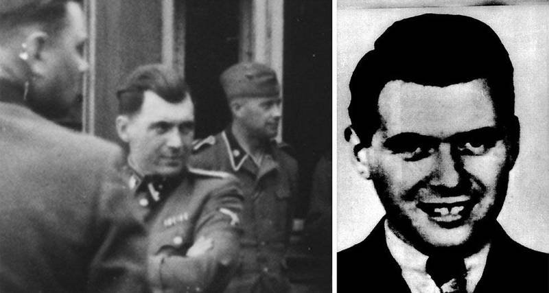 Bildet til venstre viser Josef Mengele (i midten) i et sjeldent fotografi fra Auschwitz i 1944. Til høyre det mest kjente portrettet av den tyske nazilegen som ofte omtales som Dødsengelen. Han flyktet senere fra Tyskland og etablerte seg i Sør-Amerika uten noen gang å bli straffet. Foto: United States Holocaust Memorial Museum/AFP/NTB scanpix