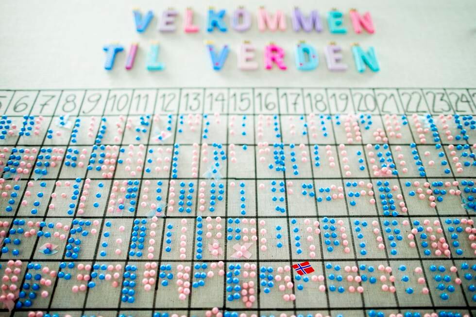 Mange knappenåler på veggen som viser oversikt over nyfødde barn ved fødeavdeling B på Akershus universitetssjukehus.
Foto: Vegard Wivestad Grøtt / NTB / NPK