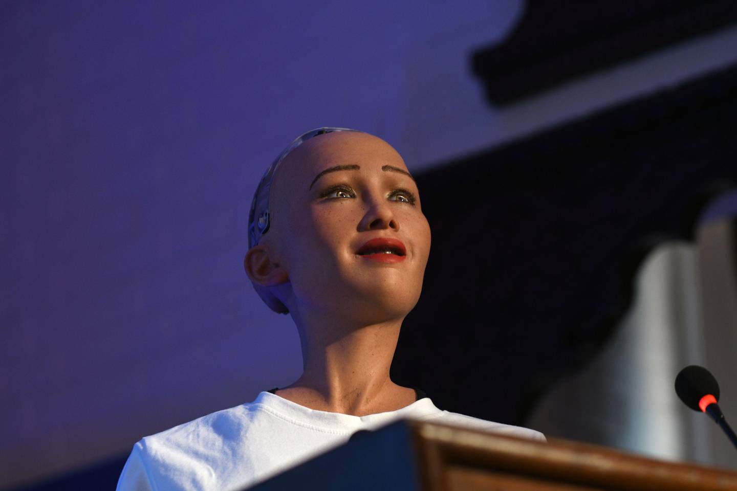 Humanoid robot Sophia speaks at a conference on using technology for public services in Kathmandu on March 21, 2018.
Sophia, a robot created by Hanson Robotics, was named by UNDP as its first non-human Innovation Champion, in November 2017. / AFP PHOTO / PRAKASH MATHEMA
