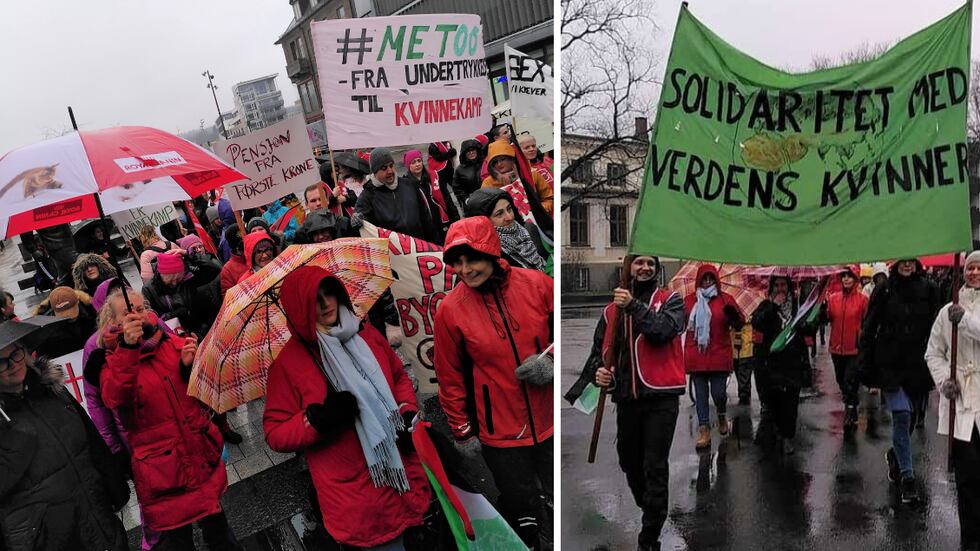 «Kvinnekamp trengs i hele verden, og det er dette 8. mars handler om.» skriver 8. mars-komiteen i Fredrikstad. Bildene er fra markeringen i 2020.