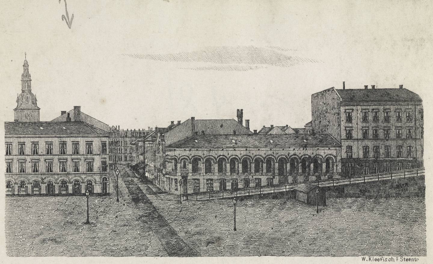 Youngstorget og Torggata med Vår Frelsers kirke i bakgrunnen. Tegning etter 1858.
