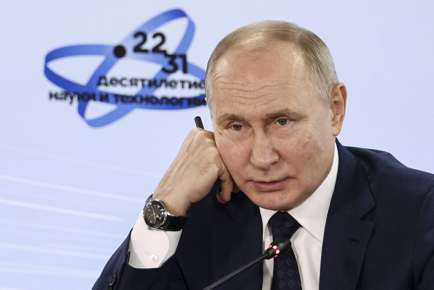 Russian President Vladimir Putin attends a meeting with participants of the 3rd Young Scientists Congress at the Sirius Park of Science and Art in Sochi, Krasnodar region of Russia, Wednesday, Nov. 29, 2023. (Mikhail Klimentyev, Sputnik, Kremlin Pool Photo via AP)