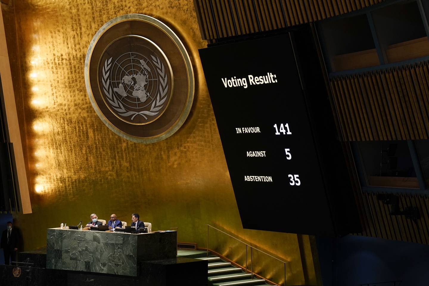 Resultatet av avstemningen i FNs generalforsamling, 142 land stemte for å fordømme Russlands invasjon av Ukraina, 5 land stemte mot, mens 35 land unnlot å stemme.