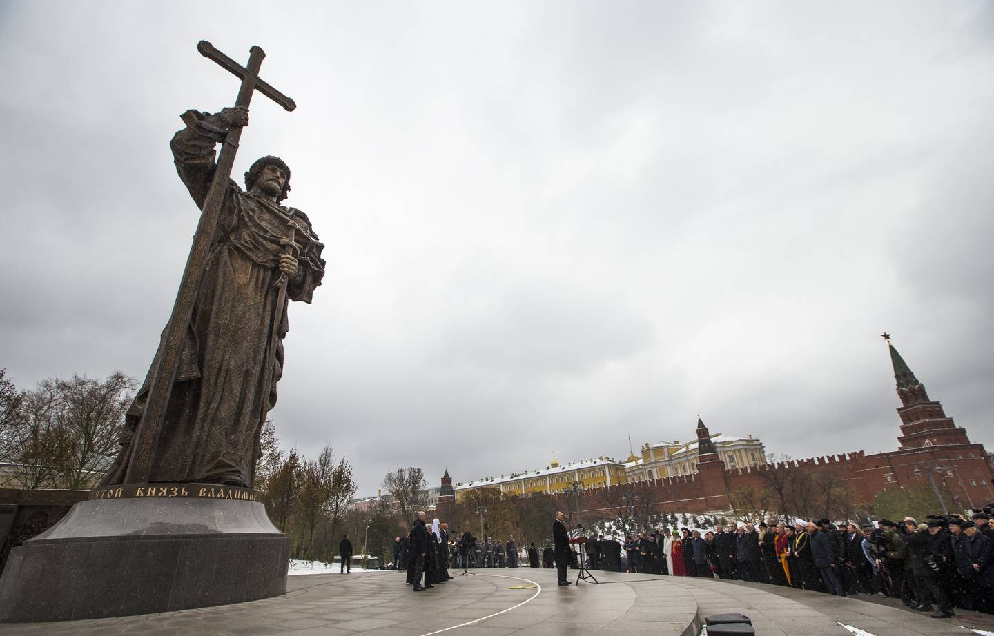 Russian President Vladimir Putin speaks at the unveiling ceremony of a monument to Vladimir the Great on the National Unity Day outside the Kremlin in Moscow, Russia, Friday, Nov. 4, 2016. President Vladimir Putin has led ceremonies launching a large statue outside the Kremlin to a 10th-century prince of Kiev who is credited with making Orthodox Christianity the official faith of Russia, Ukraine and Belarus. (AP Photo/Alexander Zemlianichenko)