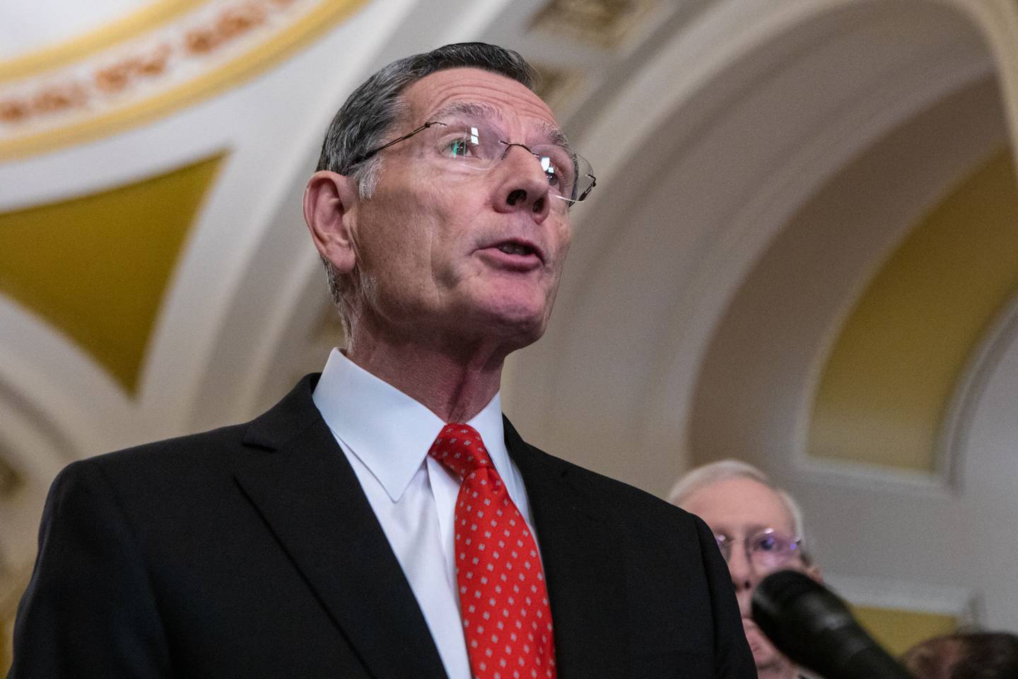 WASHINGTON, DC - NOVEMBER 14: Sen. John Barrasso (R-WY) speaks to reporters following the weekly Senate Republican caucus lunch at the U.S. Capitol on November 14, 2023 in Washington, DC. Congress is currently working to pass a resolution to avoid a government shutdown on November 17.   Anna Rose Layden/Getty Images/AFP (Photo by Anna Rose Layden / GETTY IMAGES NORTH AMERICA / Getty Images via AFP)