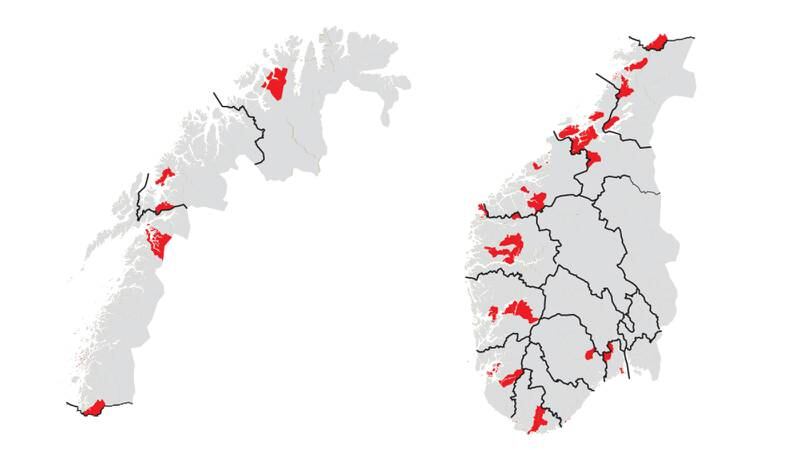 Av de 426 kommunene vi har i Norge er over halvparten småkommuner med under 5.000 innbyggere. 36 av disse slås sammen som følge av kommunereformen. De er skravert med rødt.