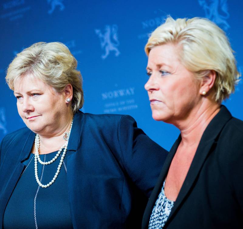 Statsminister Erna Solberg og finansminister Siv Jensen legger fram tilleggsinnstillingen til statsbudsjettet. FOTO: NTB SCANPIX