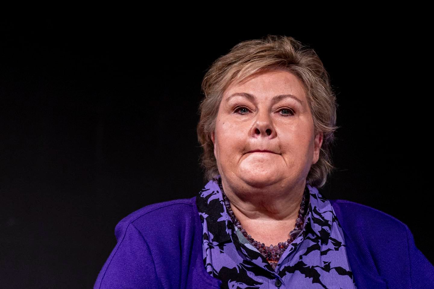 Høyre-leder Erna Solberg fra pressekonferansen 15. september, der hun orienterte pressen om ektemannen Sindre Finnes' aksjehandel i årene hun var statsminister.