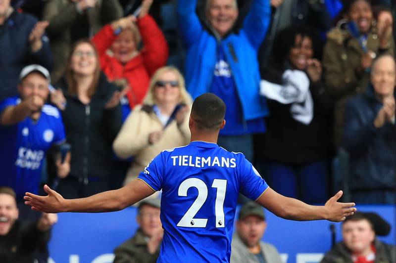 Leicester City's Belgian midfielder Youri Tielemans celebrates scoring the opening goal during the English Premier League football match between Leicester City and Arsenal at King Power Stadium in Leicester, central England on April 28, 2019. (Photo by Lindsey PARNABY / AFP) / RESTRICTED TO EDITORIAL USE. No use with unauthorized audio, video, data, fixture lists, club/league logos or 'live' services. Online in-match use limited to 120 images. An additional 40 images may be used in extra time. No video emulation. Social media in-match use limited to 120 images. An additional 40 images may be used in extra time. No use in betting publications, games or single club/league/player publications. / 