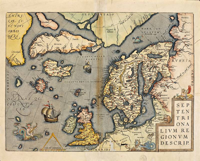 På Abraham Ortelius’ kart over nordområdene (1570) viser Grønland, Island, Irland, Skandinavia og Finland, nordøstre Canada og nordlige Sentral-Europa. Dessuten de fiktive øyene Grocland, Brasil og Frisland. Legg dessuten merke til at Grønland er tegnet som en øy, siden ingen hadde reist så langt nord. «Septertro-nialium» var det latinske navnet på nord fordi Karlsvogna ble kalt Septrentronies, «De sju oksene».
