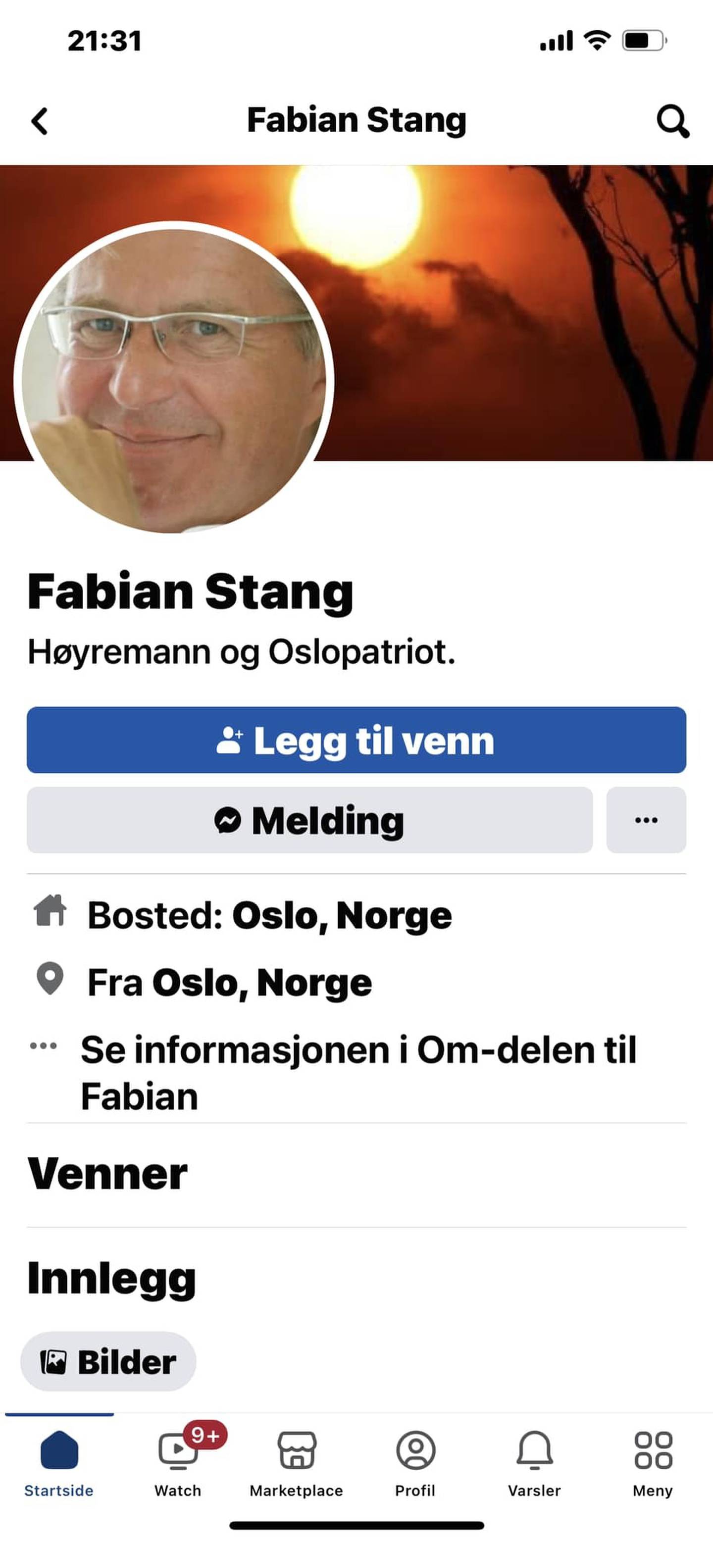 Tidligere Oslo-ordfører Fabian Stang varslet om denne falske Facebook-profilen, og la ut skjermbildet på sin ekte Facebook-side