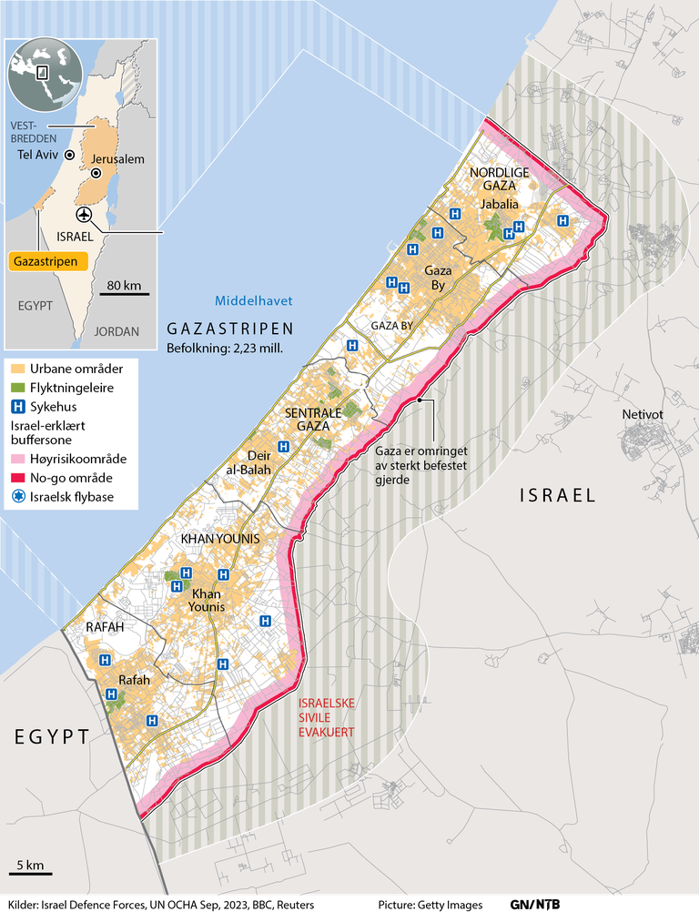 Kart over Gaza-stripen. Rafah ligger helt sør.