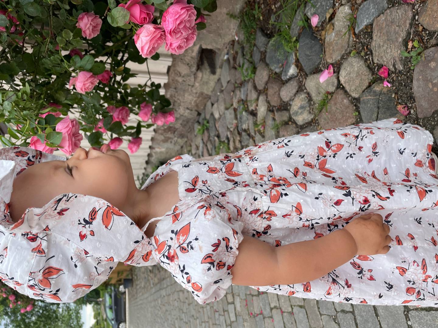 Liten jente i blomstrete kjole lukter på roser i Gamlebyen.