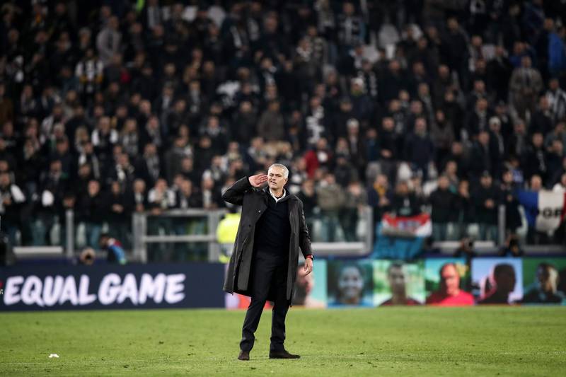Manchester United's Portuguese manager Jose Mourinho gestures towards the public at the end of the UEFA Champions League group H football match Juventus vs Manchester United at the Allianz stadium in Turin on November 7, 2018. (Photo by Isabella BONOTTO / AFP)