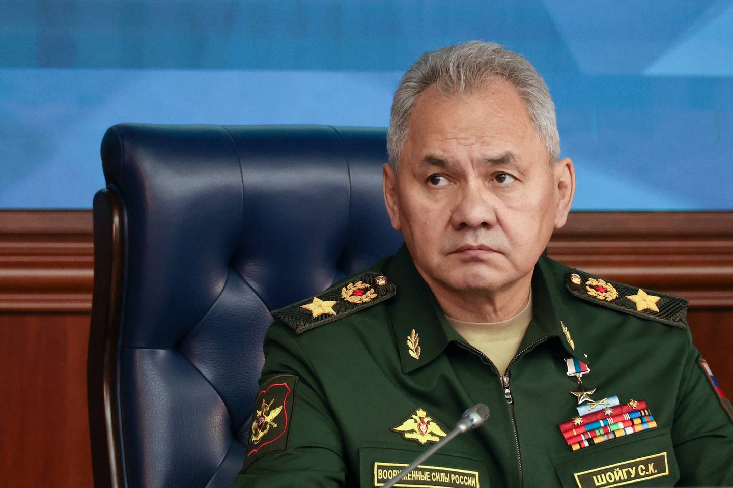 Russian Defence Minister Sergei Shoigu attends an expanded meeting of the Defence Ministry Board at the National Defence Control Centre in Moscow, Russia December 19, 2023. Sputnik/Mikhail Klimentyev/Kremlin via REUTERS ATTENTION EDITORS - THIS IMAGE WAS PROVIDED BY A THIRD PARTY.