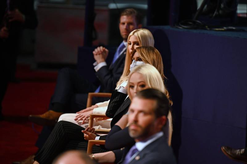 (From top) Eric Trump, son of the US President, daughter and Senior Advisor to the US President Ivanka Trump, US First Lady Melania Trump, daughter of the US President Tiffany Trump and Donald Trump Jr., son of the US President, are seen ahead of the first presidential debate at the Case Western Reserve University and Cleveland Clinic in Cleveland, Ohio on September 29, 2020. (Photo by Jim WATSON / AFP)