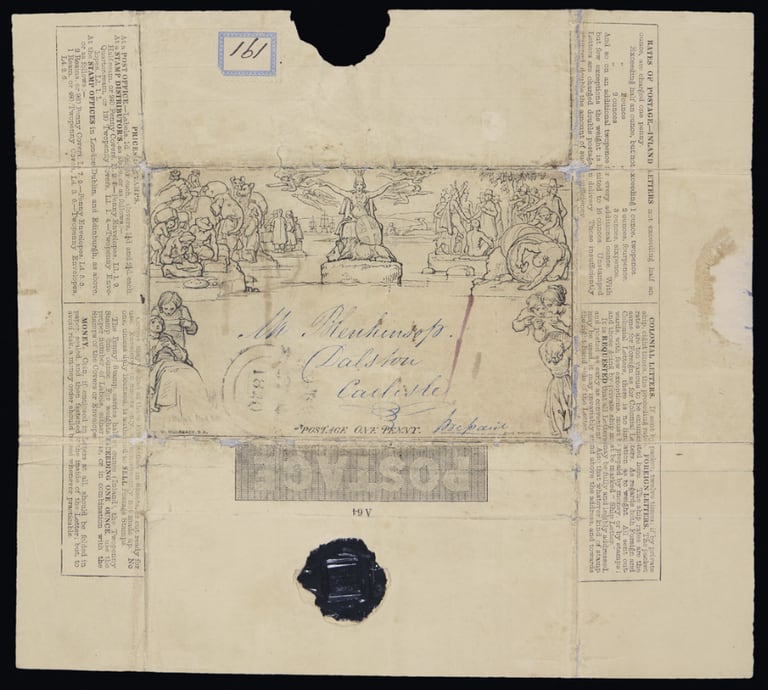 Postforsendelsen ble sendt videre 4. mai 1840, da som en såkalt «Mulready». Dette var illustrerte brevark og konvolutter som ble innført samtidig som frimerker.