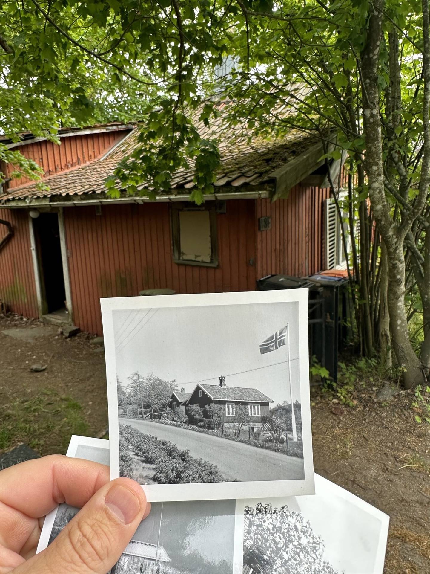 Et polaroidbilde av huset som står i bakgrunnen. Før var det fint, nå er det nedslitt.