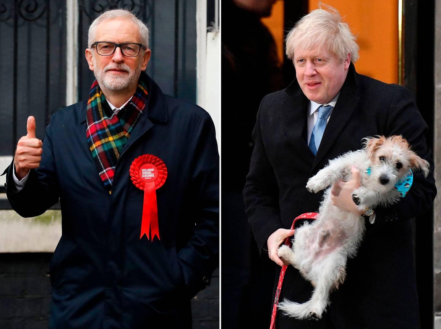 (COMBO) In this combination of photos created on December 12, 2019, Britain's Prime Minister Boris Johnson and his dog Dilyn (top), and Britain's Labour Party leader Jeremy Corbyn, are are seen as they attend Polling Stations to cast their ballot papers and vote on December 12, 2019, as Britain holds a general election. (Photo by Tolga AKMEN and Daniel LEAL-OLIVAS / AFP)
