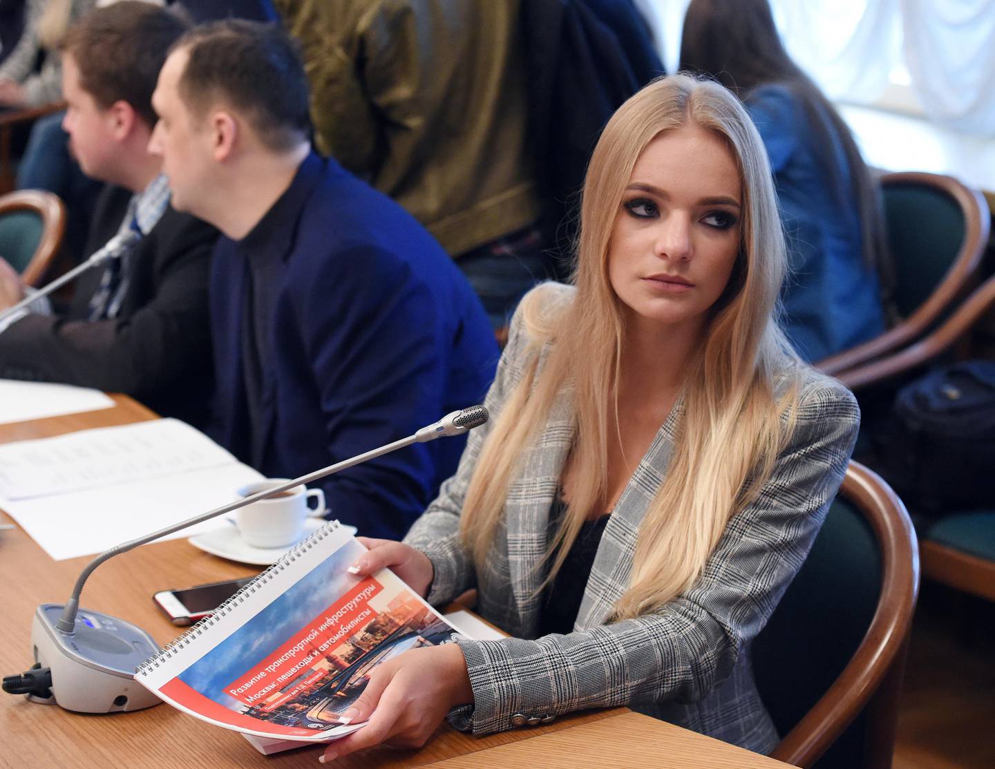 In this photo taken on Monday, June 19, 2017, Elizaveta Peskova attends a Council meeting of bloggers at the Russian State Duma, the Lower House of the Russian Parliament in Moscow, Russia. The daughter of the spokesman for Russian President Vladimir Putin has secured an intern's job at the European Union's legislature at a time of increasing political confrontation between the EU and Russia. Right-wing French lawmaker Aymeric Chauprade on Tuesday, Feb. 26, 2019 defended his decision to hire Elizaveta Peskova, the daughter of Dmitry Peskov, saying she is a trainee studying law and international relations in France (Dmitry Dukhanin/Kommersant Photo via AP) RUSSIA OUT