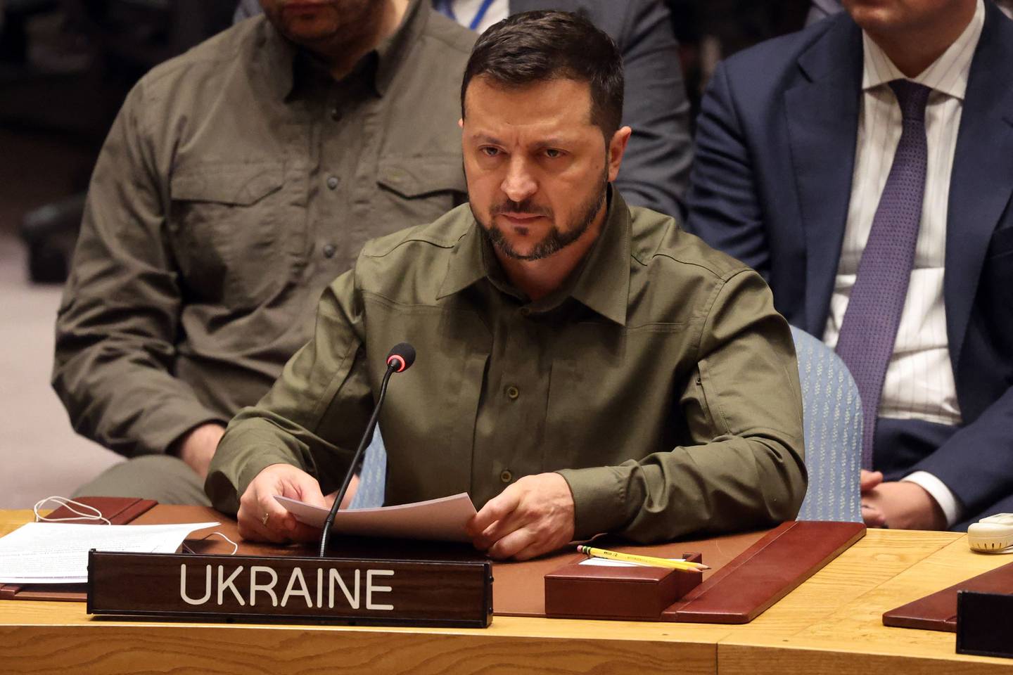 NEW YORK, NEW YORK - SEPTEMBER 20: President of Ukraine Volodymyr Zelensky speaks to the U.N. Security Council on the war his country in a meeting during the United Nations General Assembly (UNGA) on September 20, 2023 in New York City. Zelensky called on the UNGA to broaden its membership and remove Russia’s veto power on the Security Council.   Spencer Platt/Getty Images/AFP (Photo by SPENCER PLATT / GETTY IMAGES NORTH AMERICA / Getty Images via AFP)