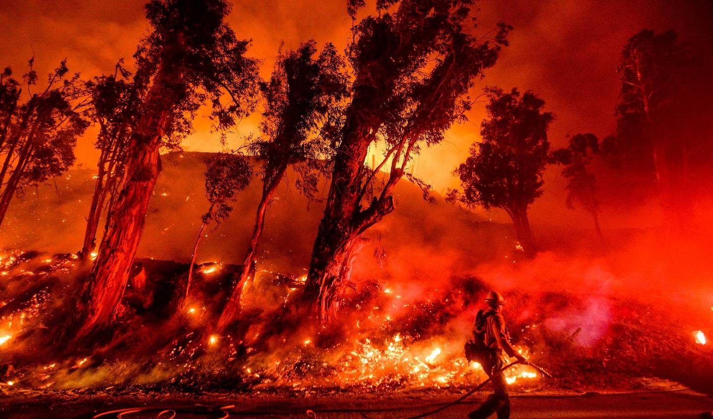 FILE - In this Nov. 1, 2019 file photo flames from a backfire consume a hillside as firefighters battle the Maria Fire in Santa Paula, Calif. According to the Ventura County Fire Department, the blaze has scorched more than 8,000 acres and destroyed at least two structures. (AP Photo/Noah Berger,File)