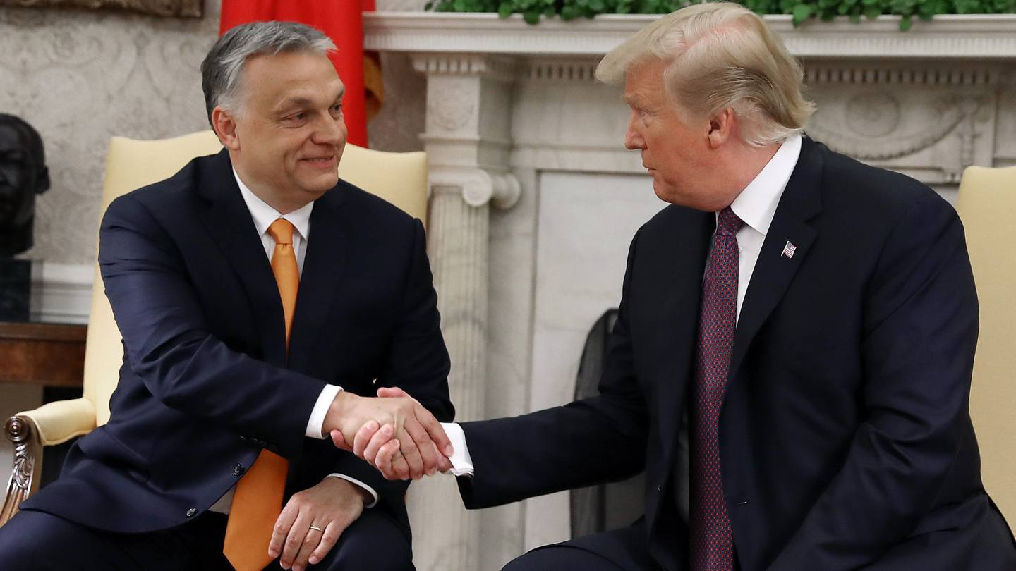 WASHINGTON, DC - MAY 13: U.S. President Donald Trump shakes hands with Hungarian Prime Minister�Viktor Orban during a meeting in the Oval Office on May 13, 2019 in Washington, DC. President Trump took questions on trade with China, Iran and other topics.   Mark Wilson/Getty Images/AFP