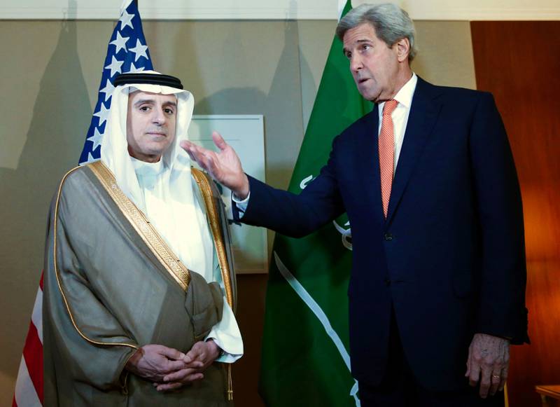 USAs utenriksminister John Kerry møtte Saudi-Arabias utenriksminister Adel al-Jubeiri går. FOTO: NTB SCANPIX