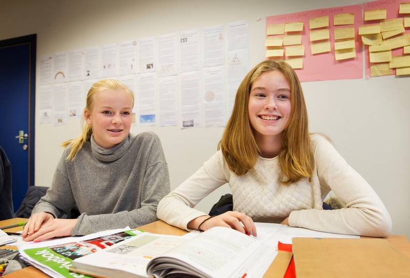 Elevene Astrid Gjølstad Borge (t.v.) og Andrea Ansok Frøysa på Hovseter skole jobber gjerne hardt for å bli gode i matte.