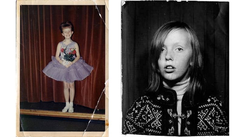 Til venstre: Brudepike: I fineste lånte tyllkjole. Til høyre: 1969-stil: Utslått hår og moteriktig kofte med tinnknapper og broderier.