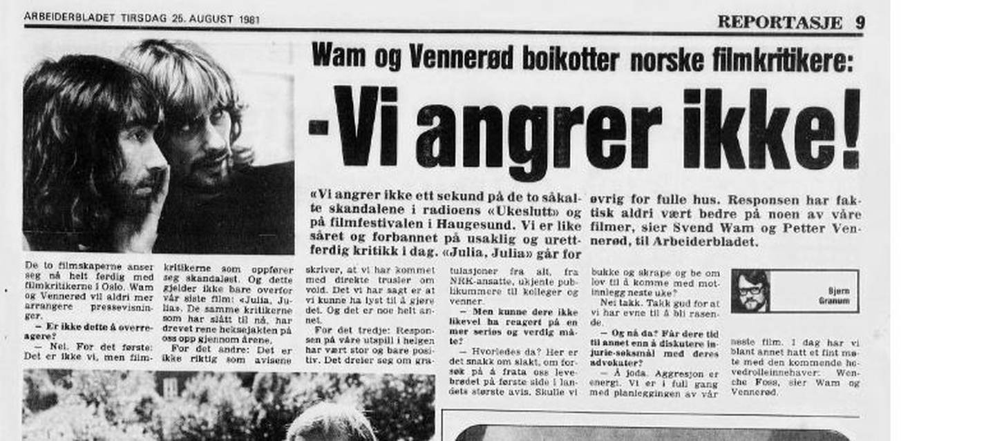 Faksimile Dagbladet 25. august 1981: Wam og Vennerød om Haugesund-skandalen der kritikerne gikk i protest etter voldstrussel