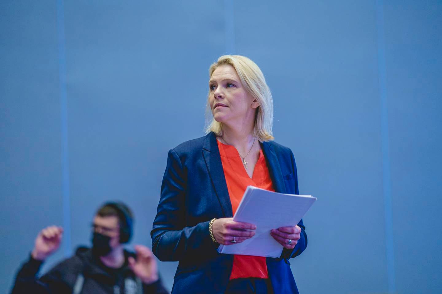 Sylvi Listhaug før talen som partileder i Frp under det digitale landsmøtet på Gardermoen.