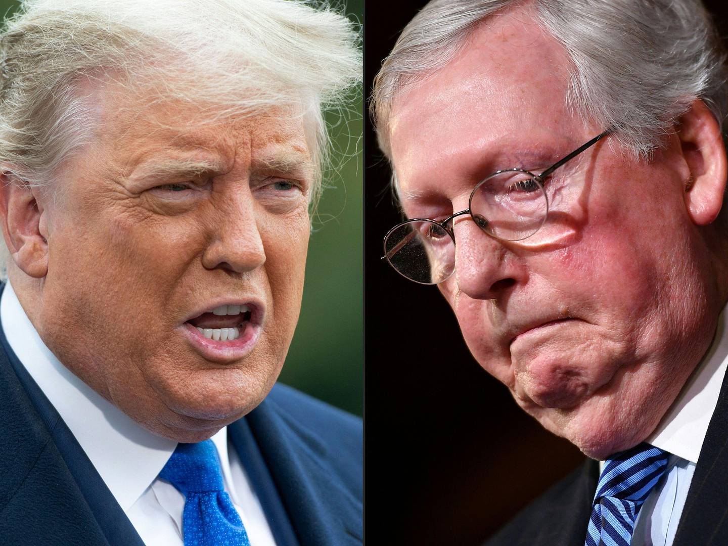 (COMBO) This combination of pictures created on February 16, 2021 shows
US President Donald Trump in Washington, DC, October 27, 2020 and 
US Senate Majority Leader Mitch McConnell (R-KY)on Capitol Hill in Washington, DC on February 5, 2020. - Donald Trump urged Republican senators February 16, 2021 to dump Mitch McConnell as their leader in the Senate following his withering criticism of the former US president after his impeachment trial. (Photos by SAUL LOEB and Mandel NGAN / AFP)
