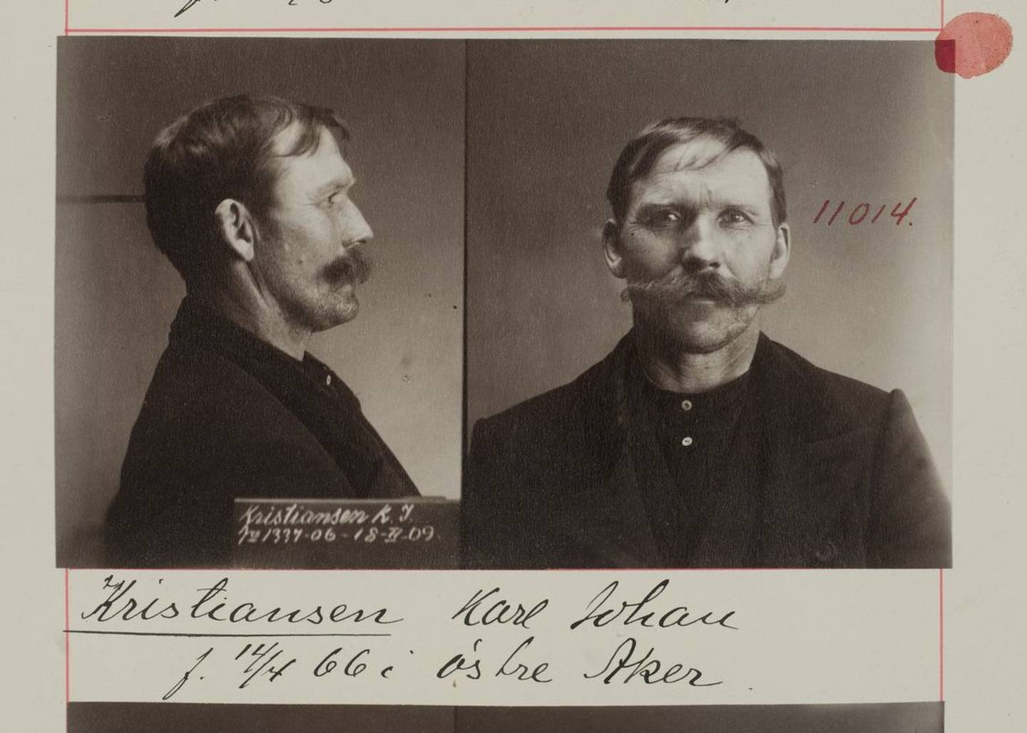Mann med kraftig bart vises i profil og forfra.