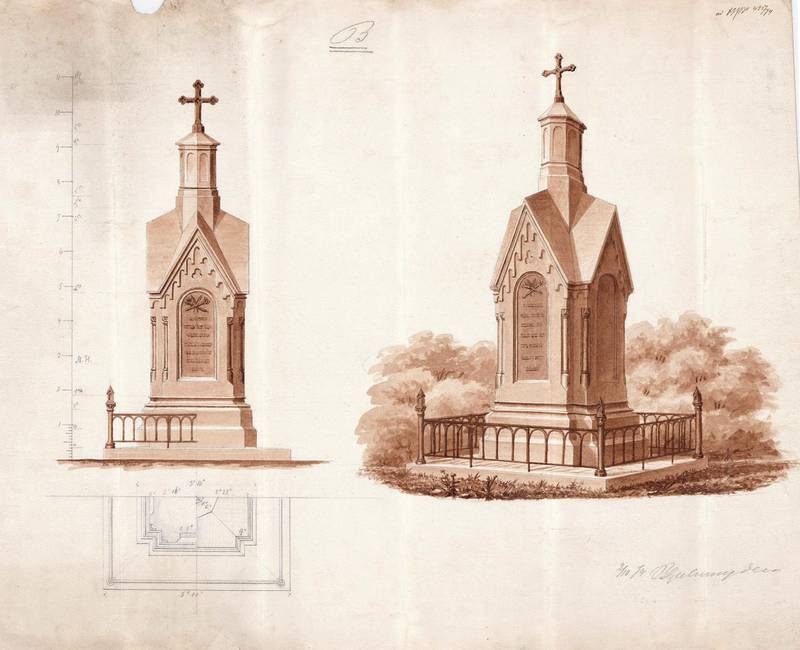 Skisse av utkast til et felles minnesmerke over bybrannen og Bragernes gamle kirke.