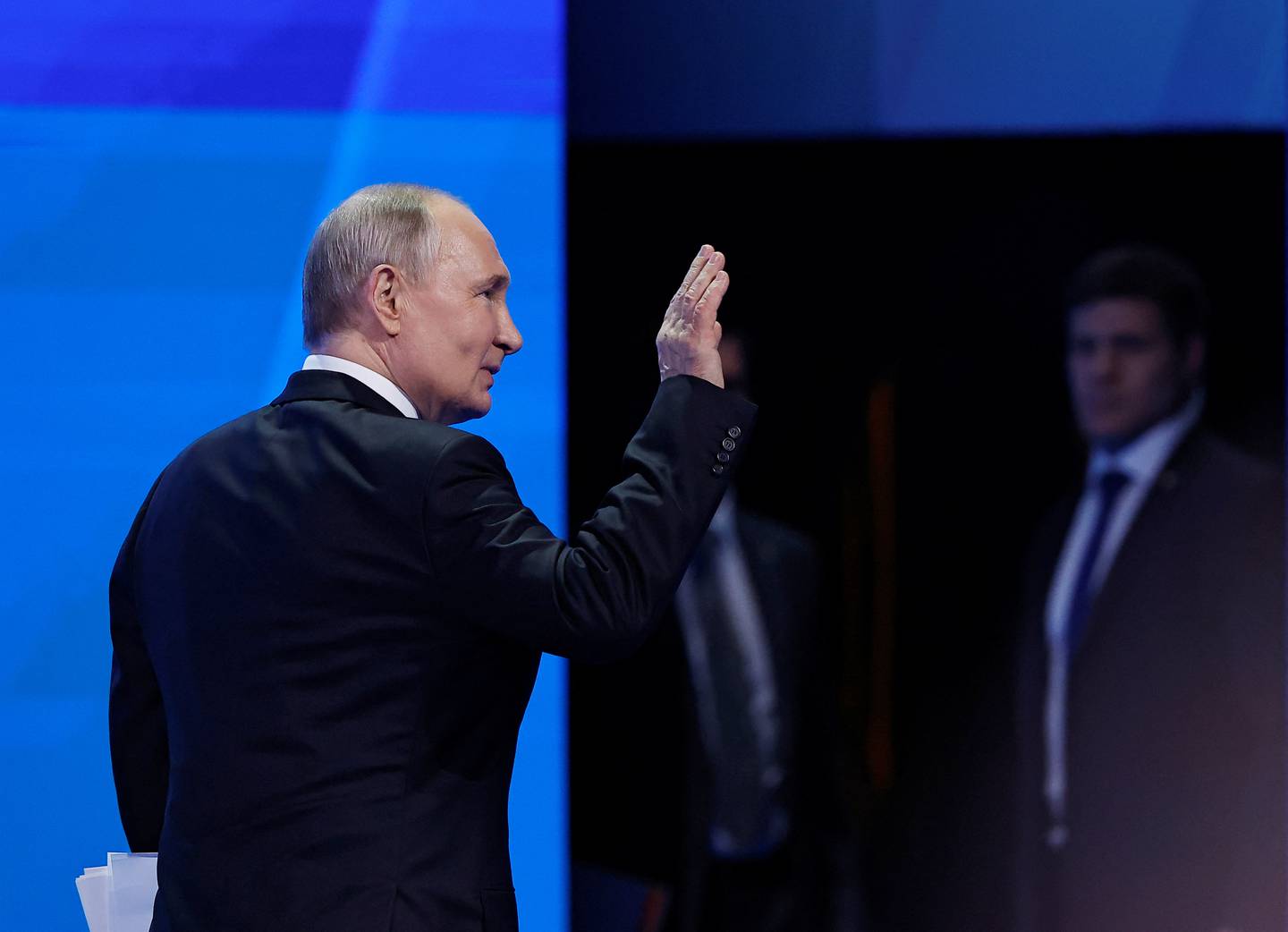 Russian President Vladimir Putin waves as he leaves the Congress of the Russian Union of Industrialists and Entrepreneurs in Moscow, Russia April 25, 2024. REUTERS/Evgenia Novozhenina