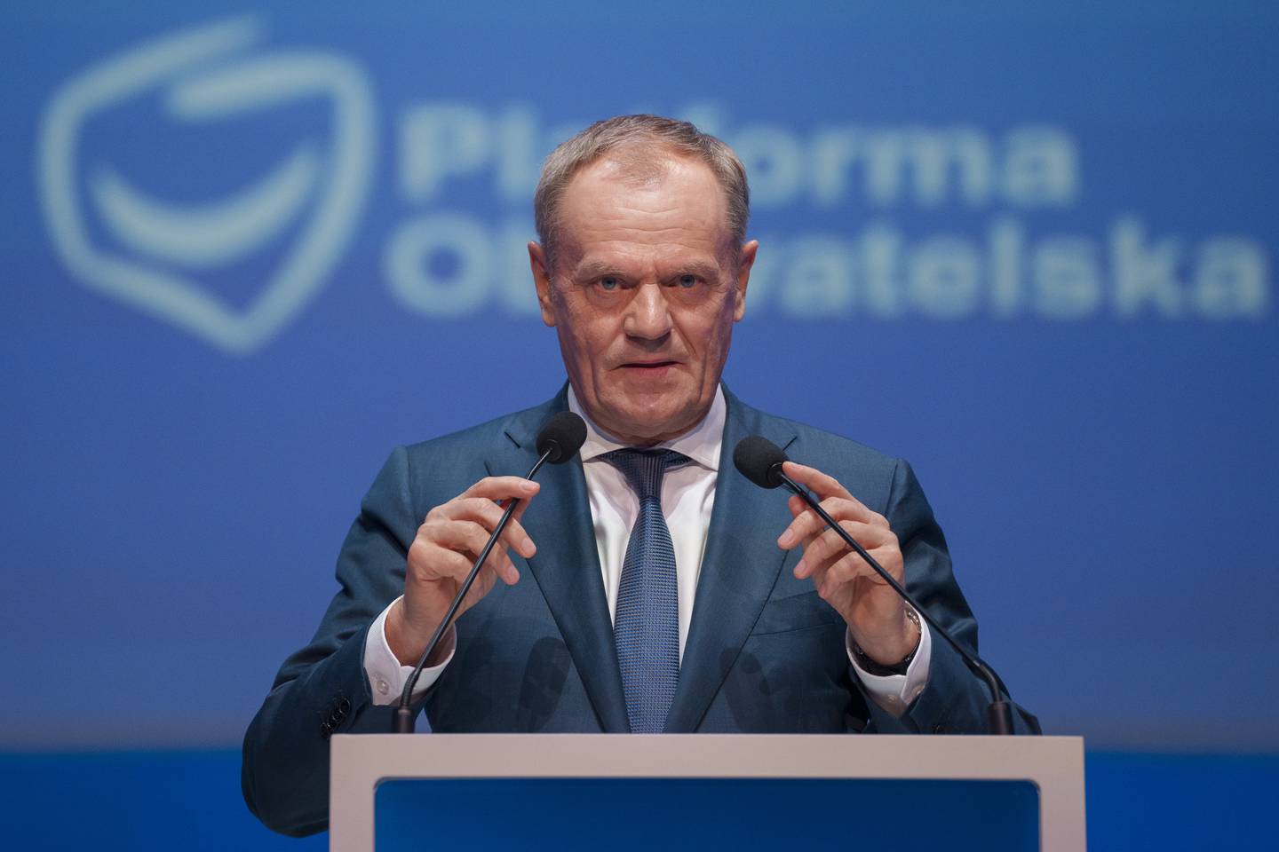 Poland's Prime Minister Donald Tusk speaks at the EPP Congress in Bucharest, Romania, Thursday, March 7, 2024. The 2024 EPP Congress designated Germany's Ursula von der Leyen, who seeks a second term as head of the European Union's powerful Commission, as the party's lead candidate in the upcoming European elections. (AP Photo/Andreea Alexandru)