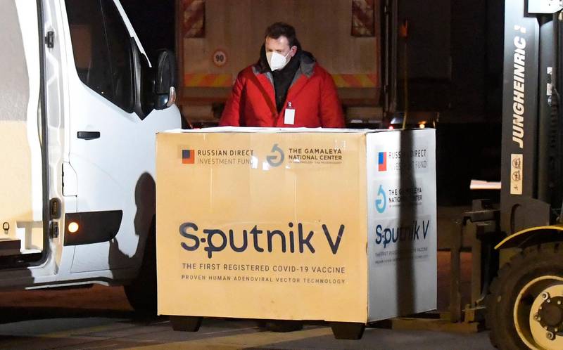 Russia's Sputnik V coronavirus vaccine arrives at Kosice Airport, Slovakia, Monday March 1, 2021. Hard-hit Slovakia signed a deal to acquire 2 million dozes of Russias Sputnik V coronavirus vaccine. The country's prime minister says Slovakia will get one million shots in next two months while another million will arrive in May and June. (Frantisek Ivan/TASR via AP)
