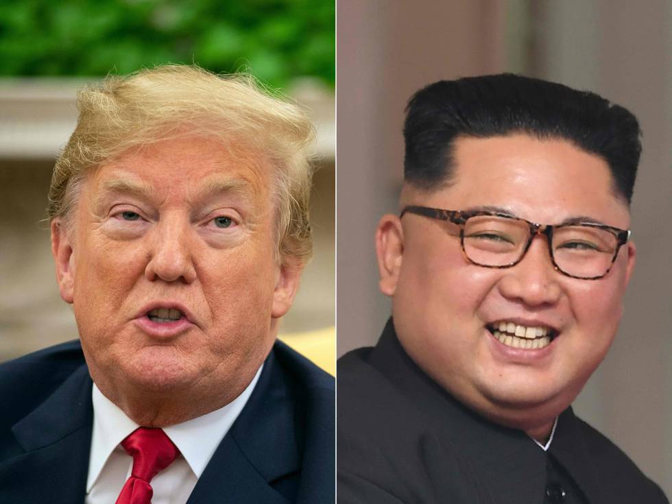 (FILES) This combination of file pictures shows US President Donald Trump speaking to the press in the Oval Office at the White House in Washington on June 27, 2018, and North Korea's leader Kim Jong Un (R) at the start of the historic US-North Korea summit, at the Capella Hotel on Sentosa island in Singapore on June 12, 2018. - Kim Jong Un said his relationship with Donald Trump was like a "fantasy film", according to the publishers of a new book on the US president set to unveil 25 private letters exchanged between the two leaders. (Photo by Nicholas KAMM and Saul LOEB / AFP)