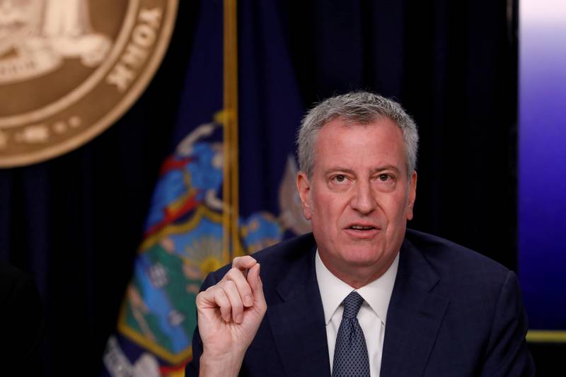 FILE PHOTO: FILE PHOTO: New York City Mayor Bill de Blasio is seen at a news briefing in the Manhattan borough of New York City, New York, U.S., March 2, 2020. REUTERS/Andrew Kelly/File Photo