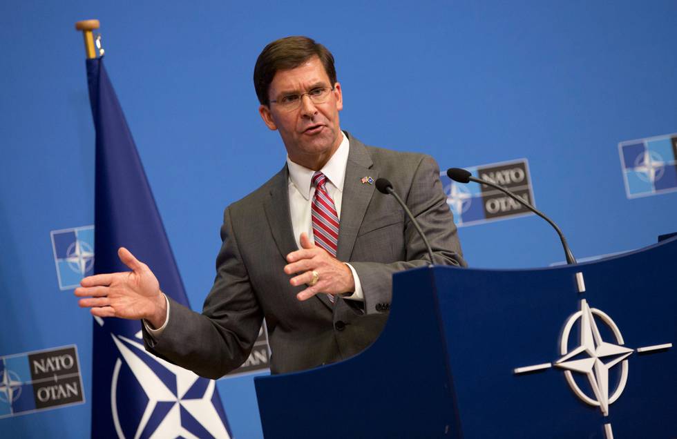 Acting U.S. Secretary for Defense Mark Esper speaks during a media conference at the conclusion of a meeting of NATO defense ministers at NATO headquarters in Brussels, Thursday, June 27, 2019. (AP Photo/Virginia Mayo)