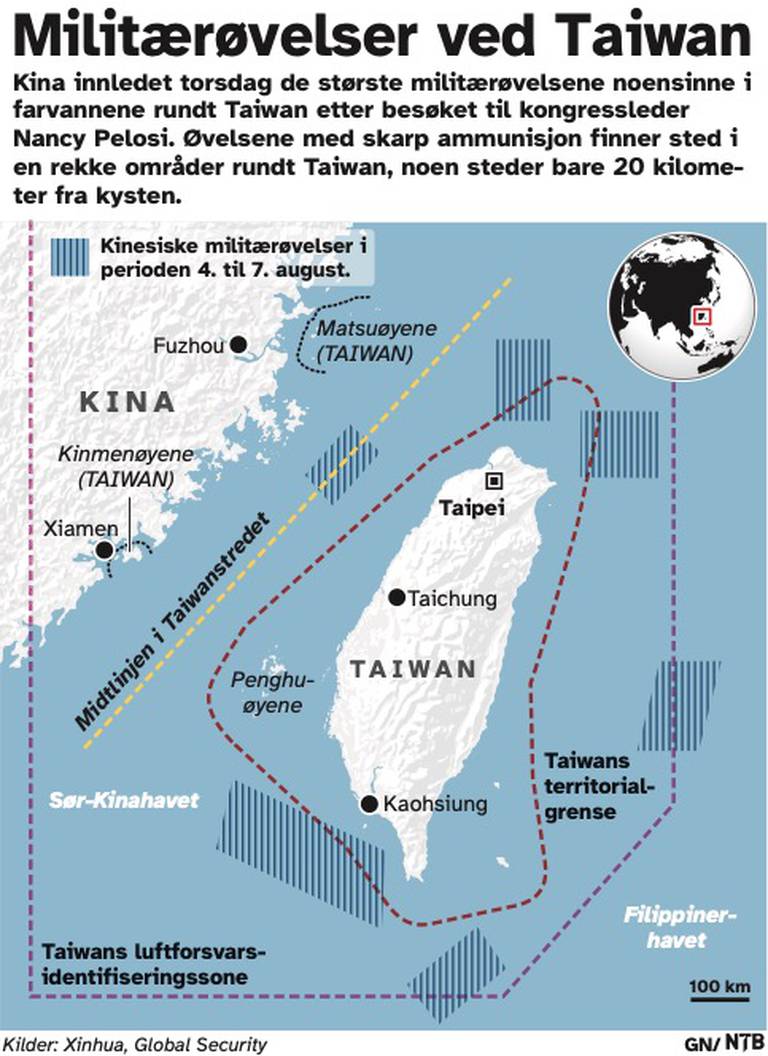 Nyhetsgrafikk over området der Kina har innledet de største militærøvelsene noensinne i farvannene rundt Taiwan.