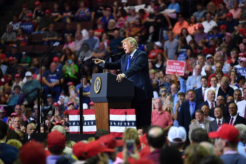 US President Donald Trump speaks during a "Make America Great Again" rally at Landers Center in Southaven, Mississippi, on October 2, 2018. (Photo by MANDEL NGAN / AFP)