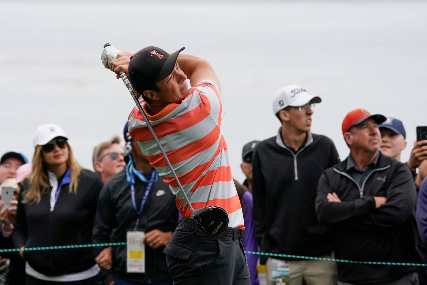 Amateur player, Viktor Hovland, of Norway, watches his tee shot on the 14th hole during the second round of the U.S. Open Championship golf tournament, Friday, June 14, 2019. (AP Photo/Carolyn Kaster)