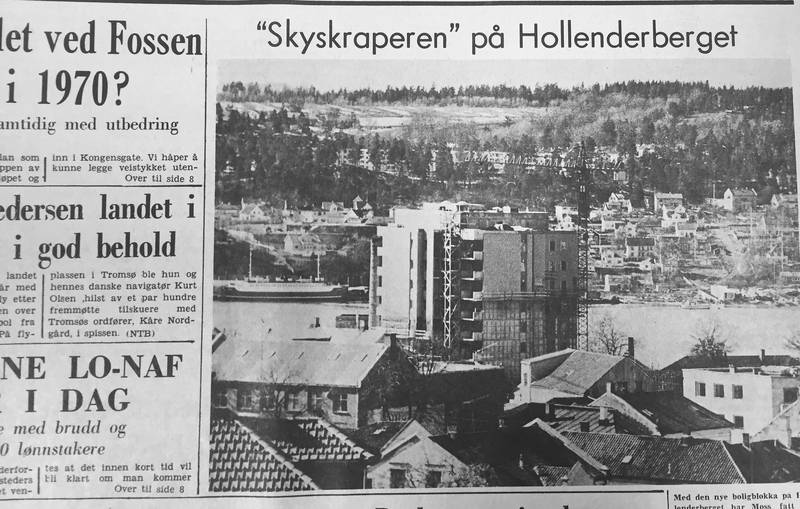 Faksimile Moss Dagblad 7. april 1968: Høyblokka i Hollenderbjerget er i ferd med å reise seg. Det skulle vært starten på en større høyhusutvikling i Moss sentrum, men denne visjonen fra «de mektige menn i rådhuset» ble aldri realisert.