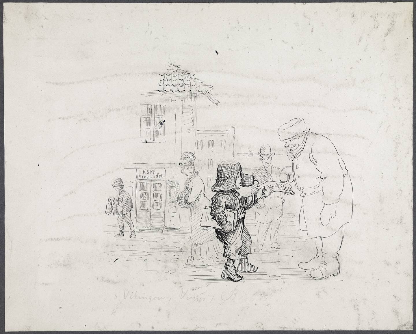 Barn var en viktig del av de fattiges familieøkonomi. Liten gutt selger aviser. I bakgrunnen en vinhandel. Tegning av Carl Frederik Diriks.