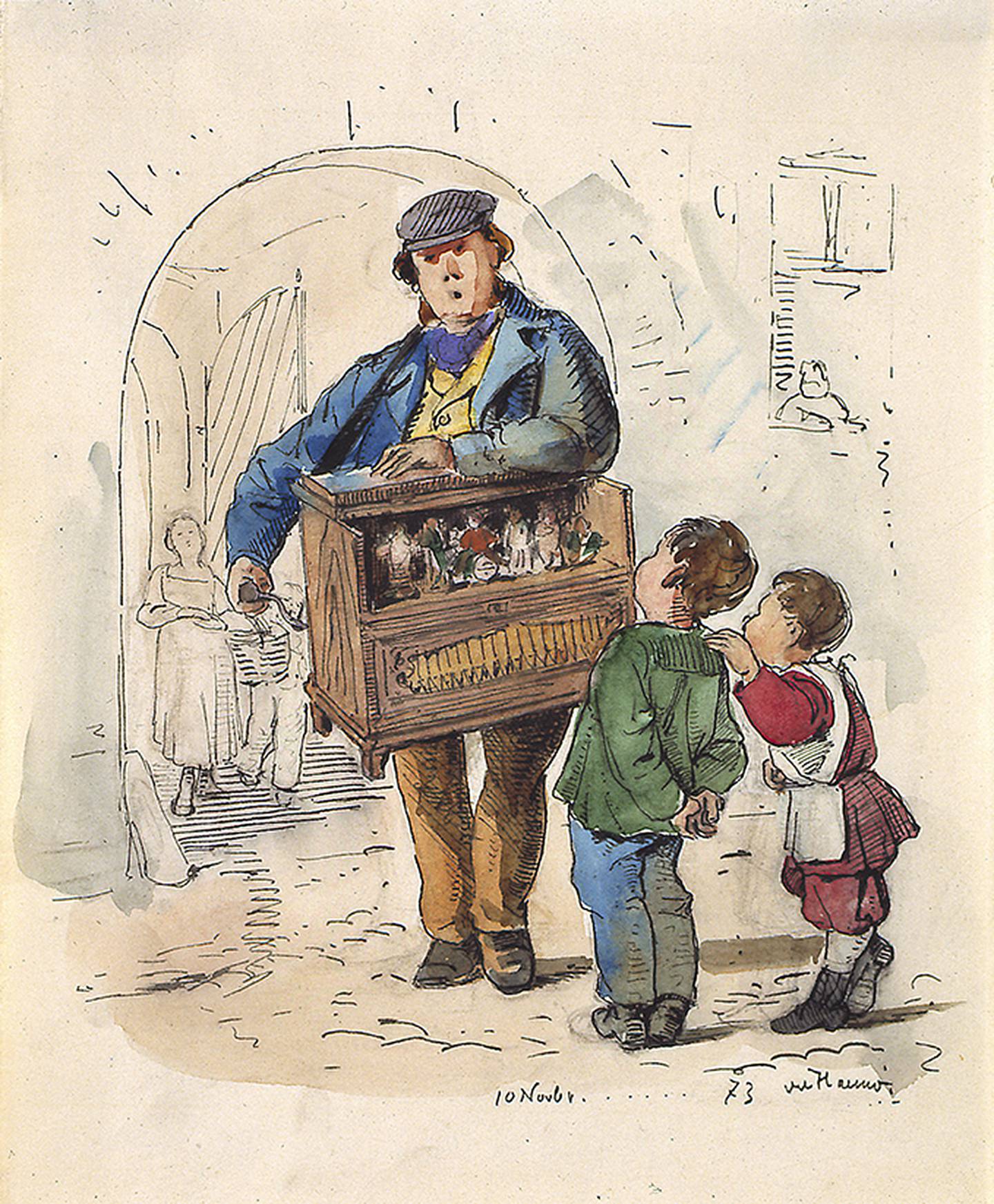 En lirekassespiller underholder to små nysgjerrige barn. Akvarell av Wilhelm von Hanno.