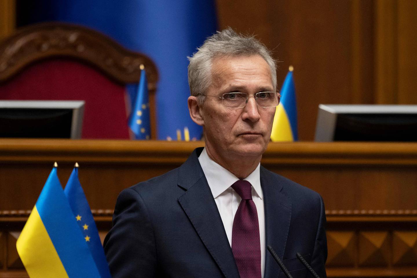 NATO Secretary General Jens Stoltenberg (C) addresses Ukrainian lawmakers at the parliament during his visit to Ukraine amid the Russian invasion in Kyiv on April 29, 2024. (Photo by ANDRII NESTERENKO / AFP)